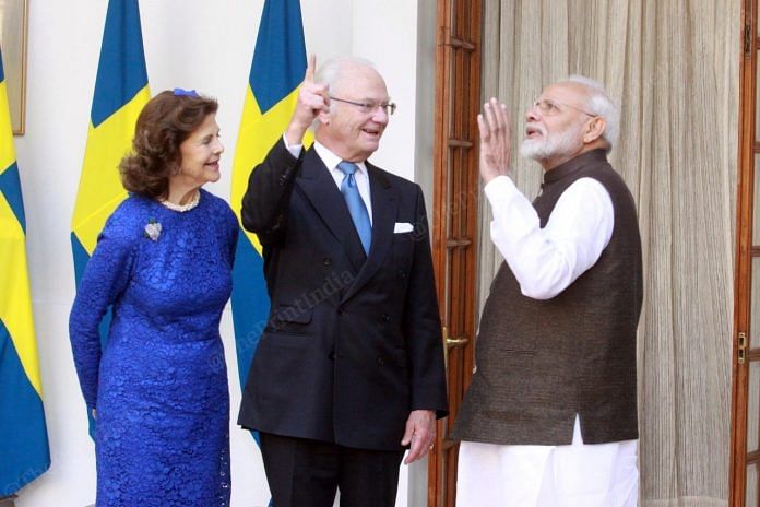 Queen Silvia (left), King Carl XVI Gustaf (centre) of Sweden meet PM Narendra Modi at Hyderabad House