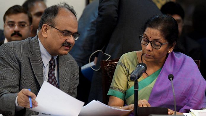 Union Finance Minister Nirmala Sitharaman discusses with the Revenue Secretary Ajay Bhushan Pandey during the 38th GST Council meeting with States and UTs Finance Ministers in New Delhi on Wednesday. | ANI