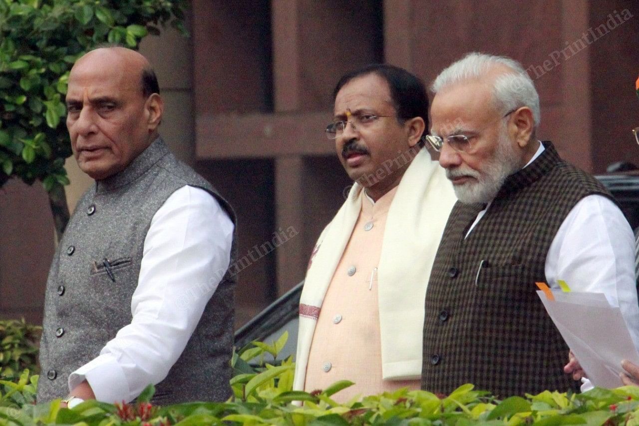 Defence Minister Rajnath Singh (left), MoS V. Muraleedharan (centre) and PM Narendra Modi comes out of the meeting | Photo: Praveen Jian | ThePrint