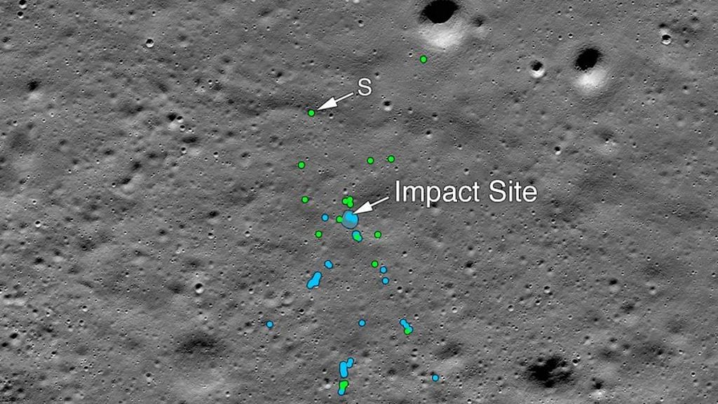 This image shows the Vikram lander impact point and associated debris field. Blue areas indicate soil that has been disturbed and green dots indicate bits of the space craft. ’S’ indicates the debris identified by Subramanian. | NASA/Goddard/Arizona State University