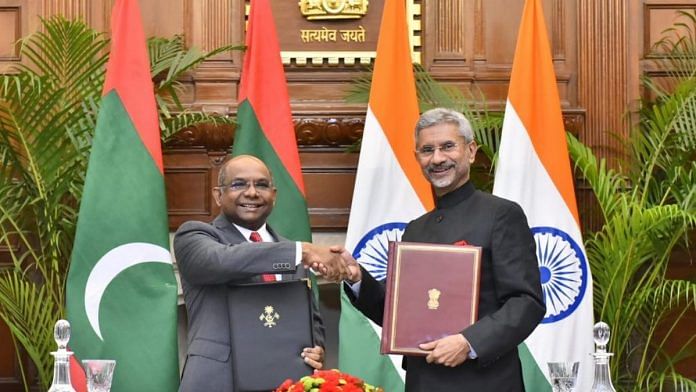 A file photo of External Affairs Minister S. Jaishankar (right) and Maldives Foreign Minister Abdulla Shahid in New Delhi. | Photo: @abdulla_shahid | Twitter