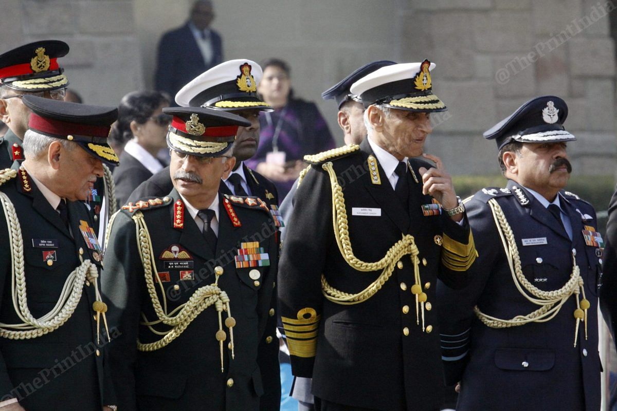 From left to right: Chief of Defence Staff Bipin Rawat, Army chief Manoj Mukund Naravane, Navy chief Karambir Singh and Air Marshal RKS Bhadauria | Photo: Praveen Jain | ThePrint
