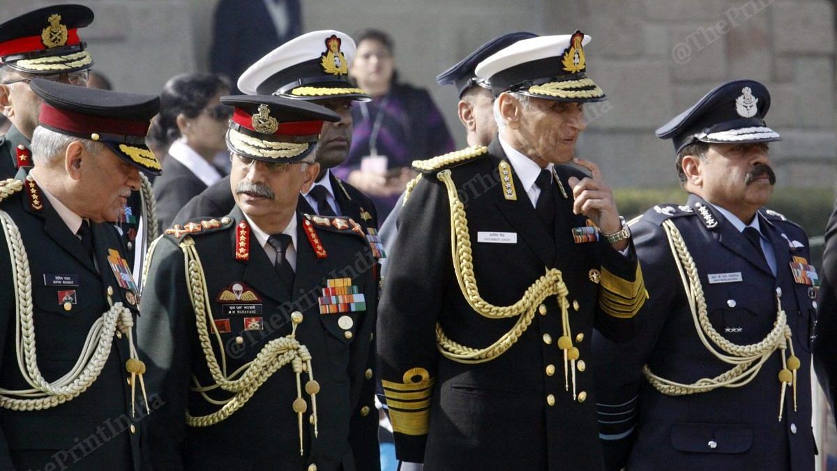From left to right: Chief of Defence Staff Bipin Rawat, Army chief Manoj Mukund Naravane, Navy chief Karambir Singh and Air Marshal RKS Bhadauria | Photo: Praveen Jain | ThePrint