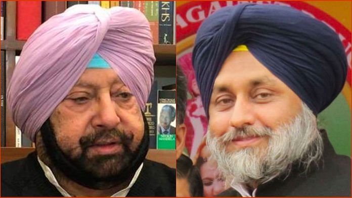 File images of Punjab CM Captain Amarinder Singh (left) and SAD president Sukhbir Singh Badal | Photos: Twitter/Wikipedia