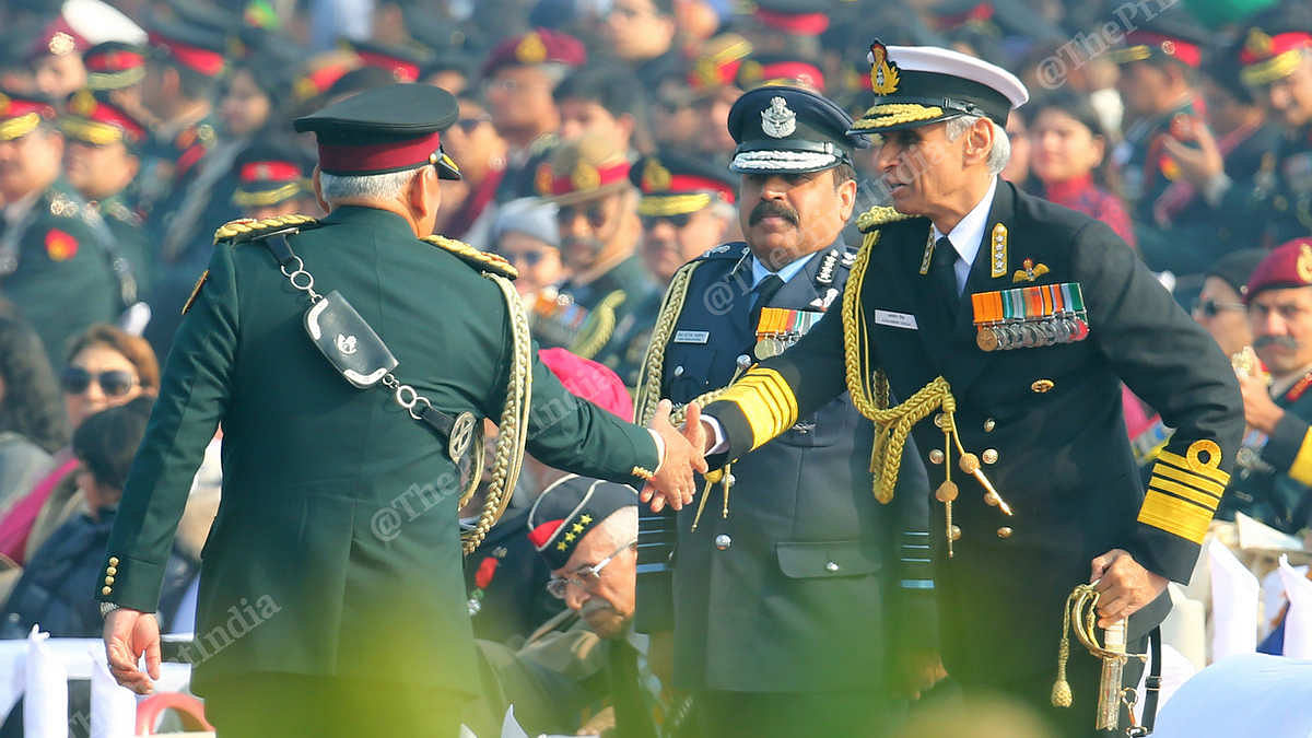 New CDS General Bipin Rawat greets Air Chief Marshal R.K.S. Bhadauria (right) and Navy Chief Admiral Karambir Singh (centre) | Suraj Singh Bisht | ThePrint