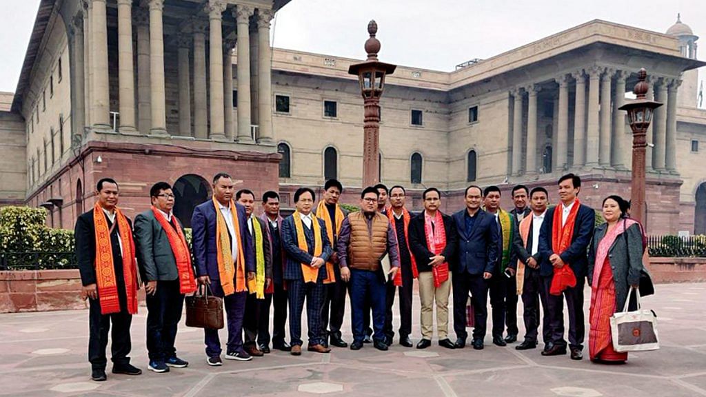 Representatives of all factions of banned organization National Democratic Front of Bodoland (NDFB) reach the Ministry of Home Affairs (MHA) to sign a tripartite agreement, in New Delhi on Monday. | PTI