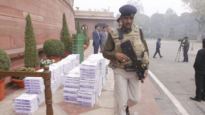 Copies of Economic Survey 2020 outside the Parliament House on 31 January