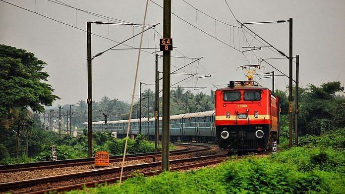 An electric-locomotive powered train of the Indian Railways