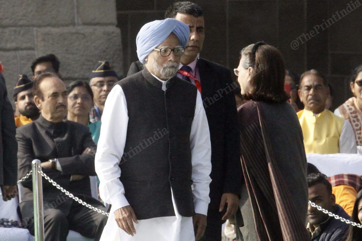 Former PM Manmohan Singh passes by Congress President Sonia Gandhi at Rajghat | Photo: Praveen Jain | ThePrint