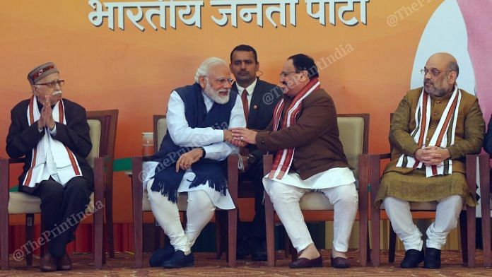 (From left) Senior BJP leader L.K. Advani, PM Modi, Nadda and Shah at the event where Nadda tover as BJP chief | Suraj Singh Bisht | ThePrint