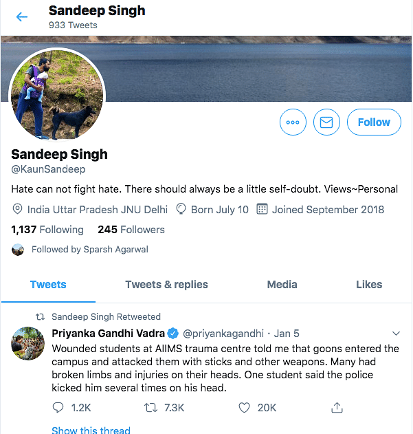screenshot of sandeep sing's retweet of Priyanka Gandhi's post