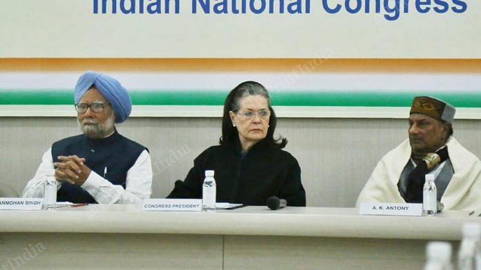 Sonia Gandhi with Manmohan Singh and AK Antony at the CWC meet in New Delhi