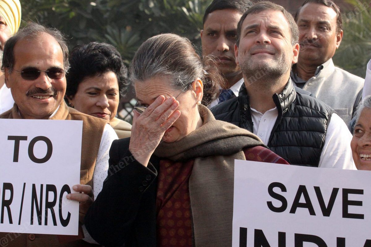 Congress leaders Sonia Gandhi and Rahul Gandhi protesting inside Parliament complex | Photo: Praveen Jain | ThePrint