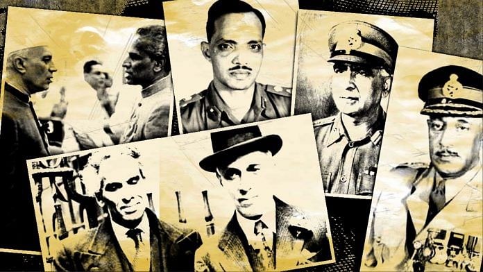 Left & bottom: Jawaharlal Nehru and V.K. Krishna Menon. Clockwise from top centre: Lt Gen. S.P.P. Thorat, Lt Gen. P.N. Thapar and Gen. K.M. Thimayya | Image: Arindam Mukherjee | ThePrint.in