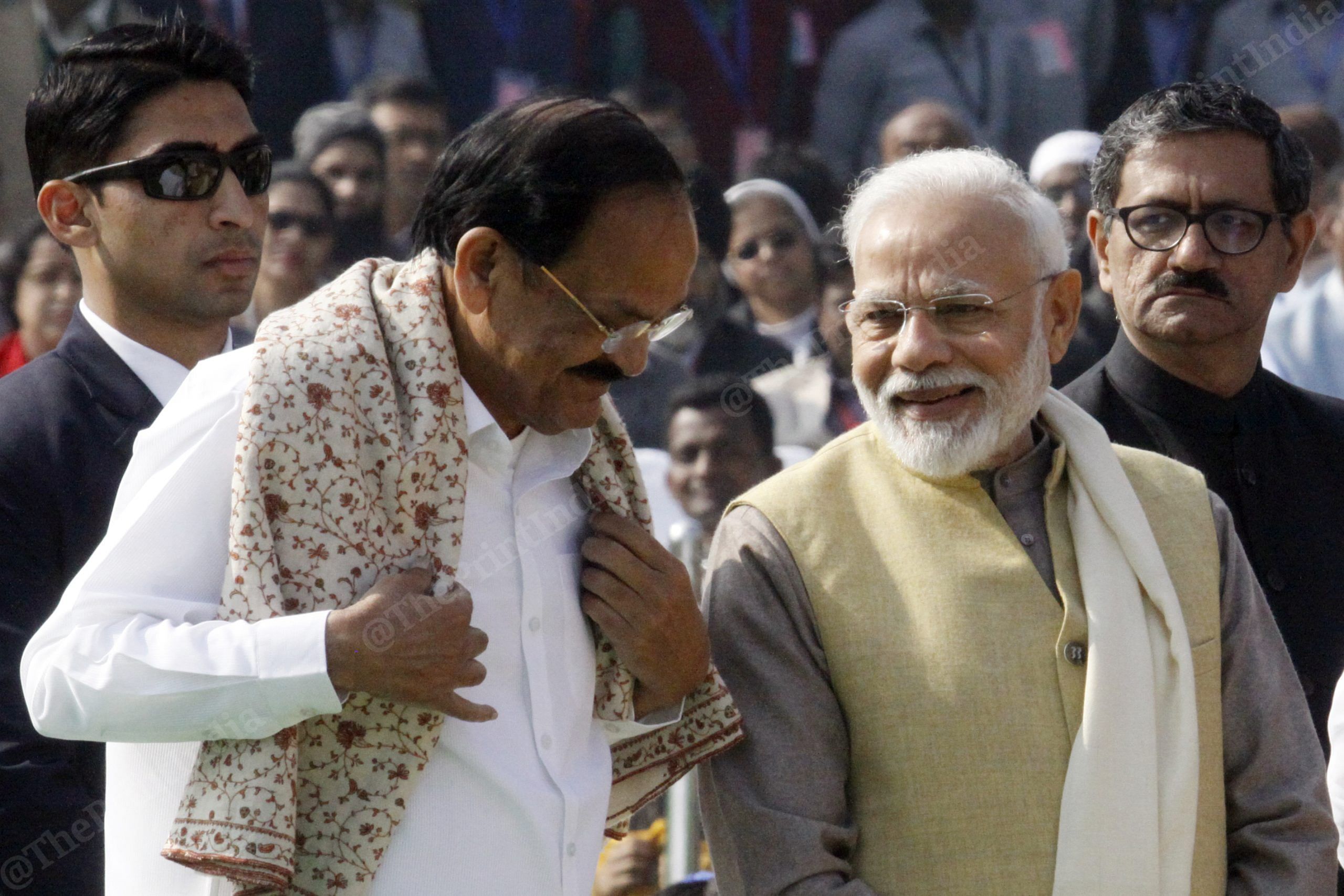 Vice-President Venkaiah Naidu with PM Modi at Rajghat | Photo: Praveen Jain | ThePrint 