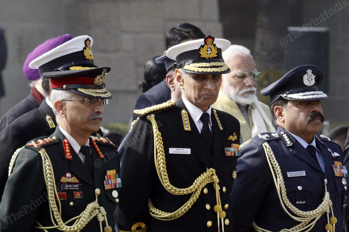 From left to right: Army chief Manoj Mukund Naravane, Navy chief Karambir Singh and Air Marshal RKS Bhadauria at Rajghat | Photo: Praveen Jain | ThePrint