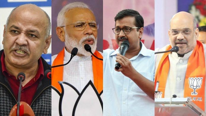 Manish Sisodia, Narendra Modi, Arvind Kejriwal, and Amit Shah | ThePrint