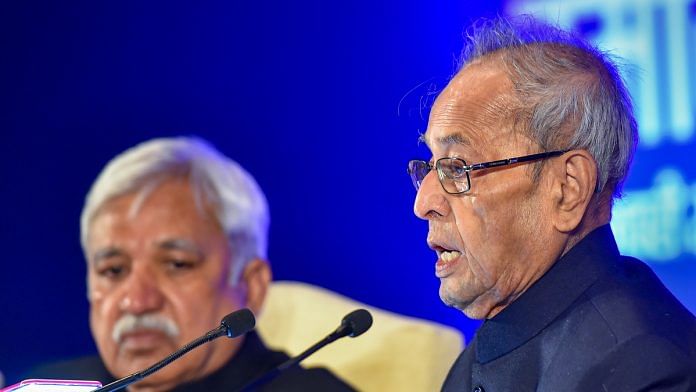 Former president Pranab Mukherjee (R) speaks as Chief Election Commissioner Sunil Arora looks on, during the first 'Sukumar Sen Memorial Lecture series', as part of tribute to India's first Chief Election Commissioner, at Pravasi Bhartiya Kendra in New Delhi, Thursday, Jan. 23, 2020. | PTI