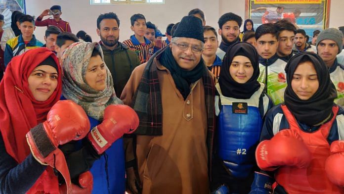 Law Minister Ravi Shankar Prasad with young sports persons in Baramulla after inaugurating the indoor stadium Thursday