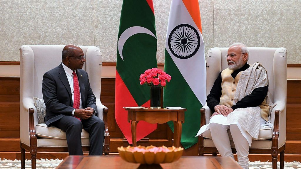 Representational image | Minister of Foreign Affairs of Maldives Abdulla Shahid with PM Narendra Modi | ANI