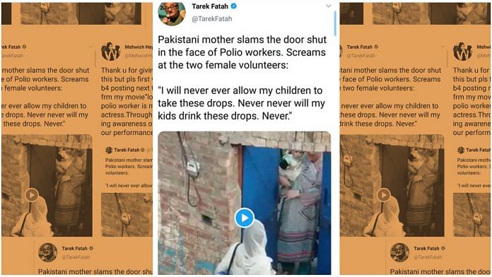 Tarek Fatah's tweet on a Pakistani woman refusing to give her children polio drops, which was actually from a Pakistani movie. The tweet has now been deleted | Graphic: Soham Sen | ThePrint