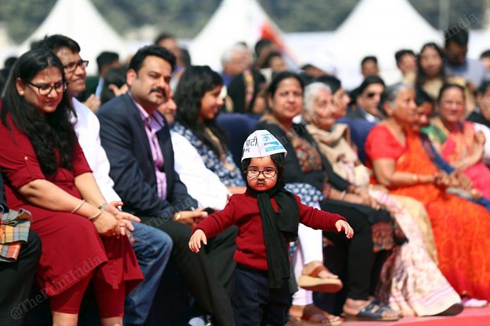 One-year-old Avyaan Tomar dressed as Arvind Kejriwal at the swearing-in ceremony. Tomar's photos went viral on counting day when he was dressed in the same attire | Photo: Suraj Singh Bisht | ThePrint