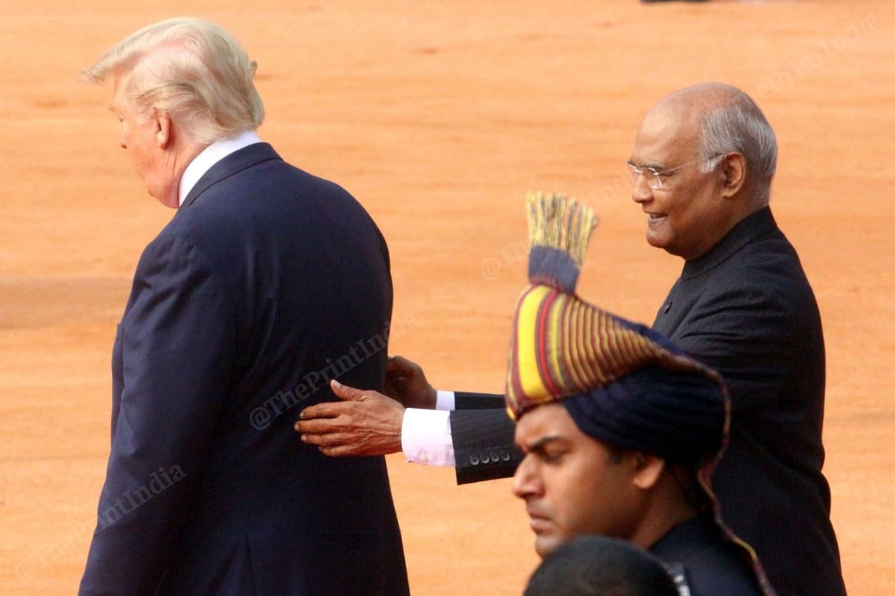 President Ram Nath Kovind gives President Trump a nudge before he left the Rashtrapati Bhawan | Praveen Jain | ThePrint