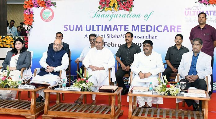 Union Home Minister Amit Shah (2L), Odisha Chief Minister Naveen Patnaik (C) and Union Minister for Petroleum & Natural Gas and Steel Dharmendra Pradhan (2R) during inauguration of SUM Ultimate Medicare hospital, in Bhubaneswar | PTI