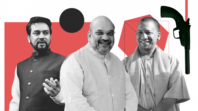 BJP's Anurag Thakur, Amit Shah, and Yogi Adityanath. | Soham Sen | ThePrint