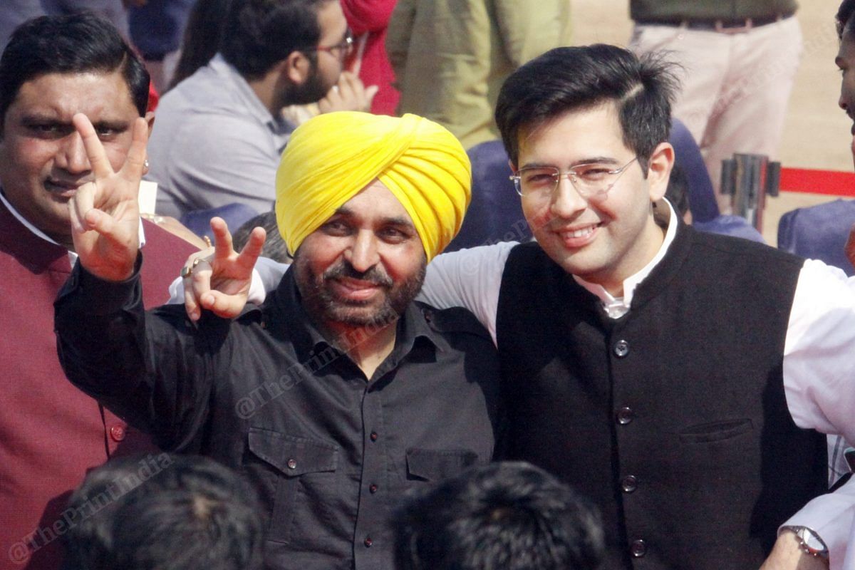 MP Bhagwant Mann (left) with Raghav Chadha | Photo: Praveen Jain | ThePrint