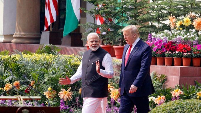 Prime Minister Narendra Modi and US President Donald Trump exiting the conference room in Hyderabad House, where the two finalised defence deals worth USD 3 billion | Praveen Jain | ThePrint