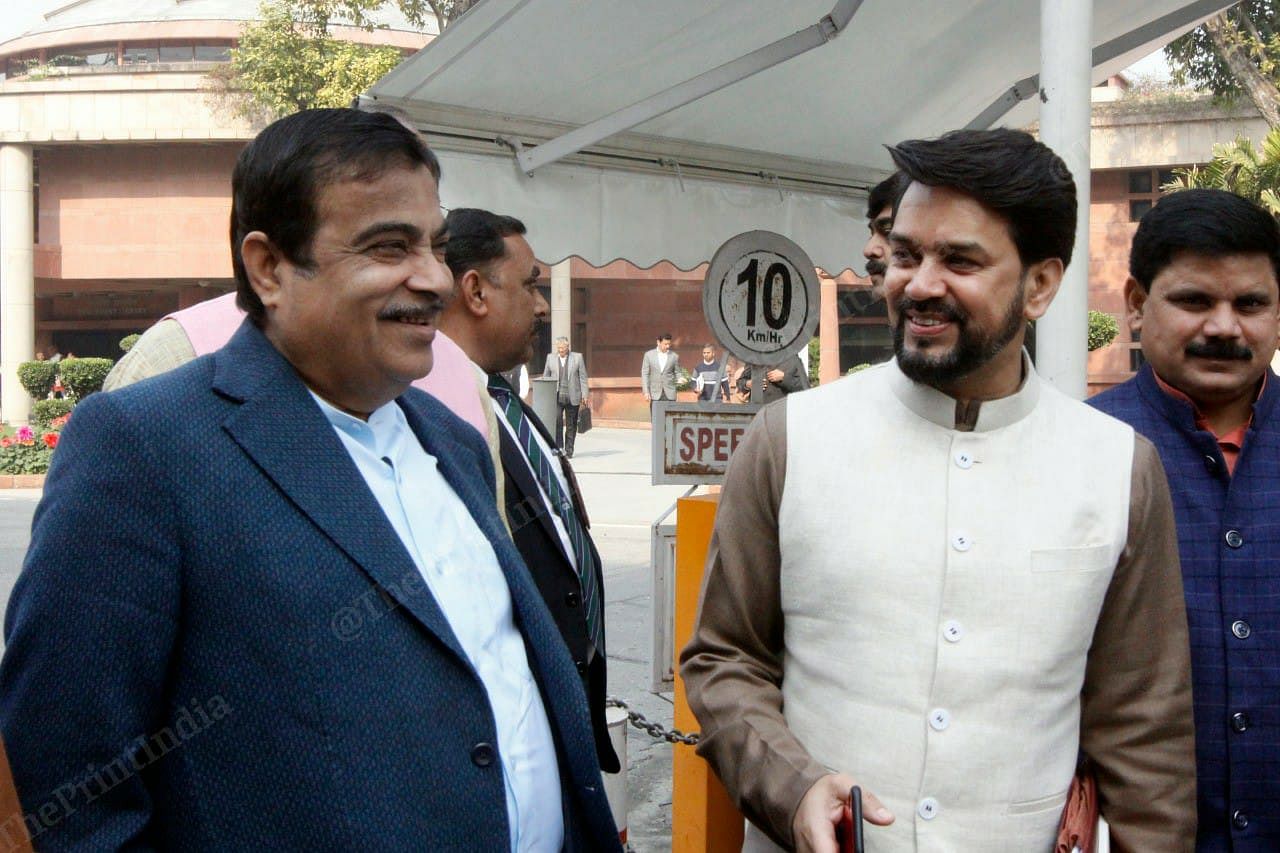 Nitin Gadkari with Arurag Thakur after attending the BJP parliamentary meet