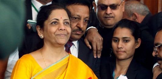 Finance Minister Nirmala Sitharaman ahead arrives in Parliament to present the Union Budget 2020-21 Saturday | Photo: Praveen Jain | ThePrint