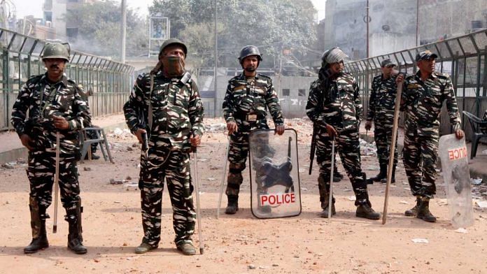 Delhi Police personnel on duty at Mustafabad on 25 February 2020 | Praveen Jain | ThePrint