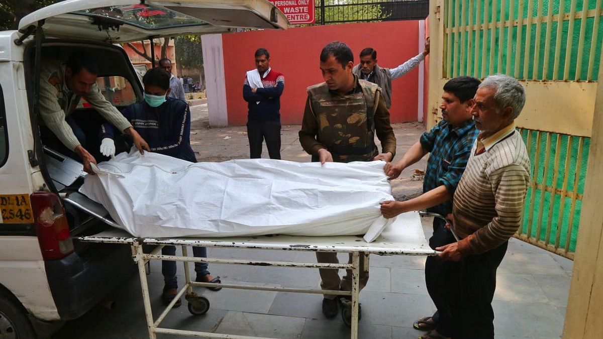 The body of Intelligence Bureau official Ankit Sharma arrives at GTB Hospital | Photo: Suraj Singh Bisht | ThePrint
