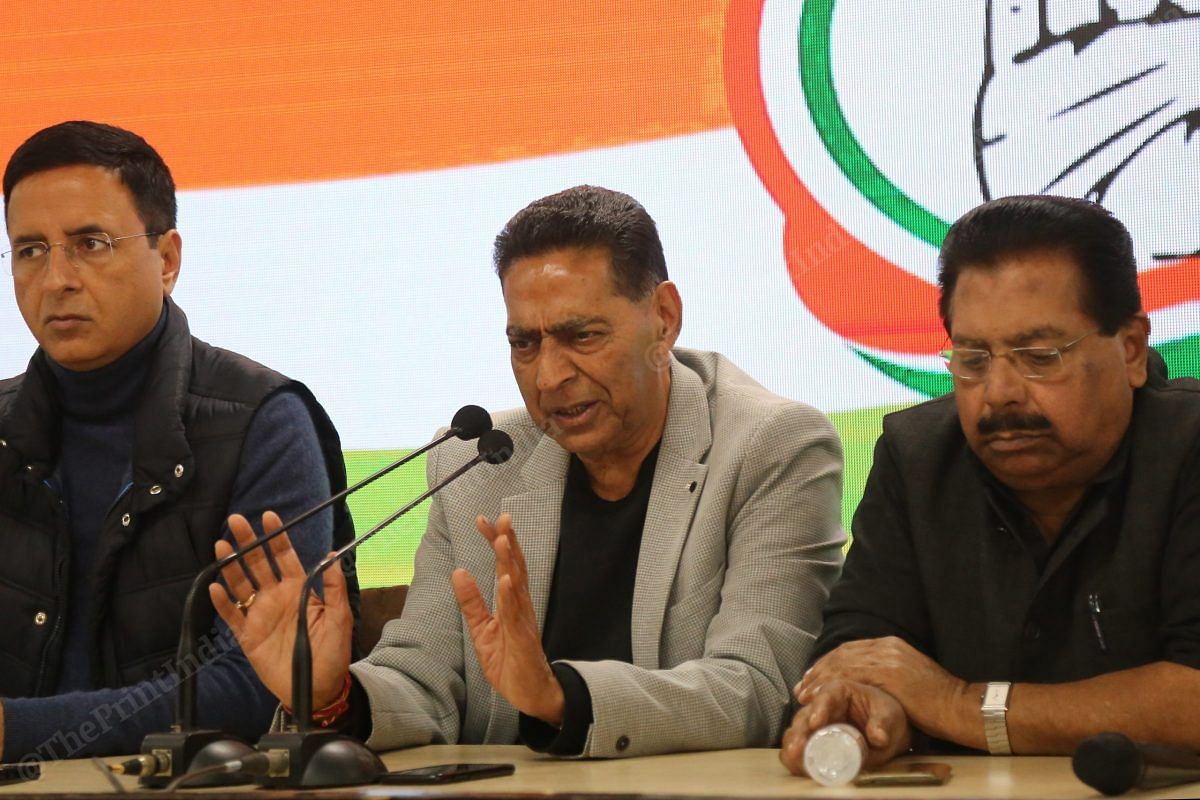 Congress leaders Randeep Surjewala (left), President of DPCC Subhash Chopra (centre), former MP P.C. Chacko (right) address a press conference | Photo: Manisha Mondal | ThePrint