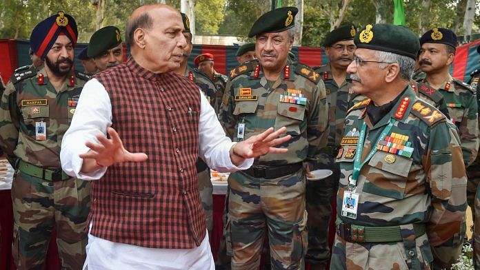 File photo of Defence Minister Rajnath Singh interacts with Army Chief General Manoj Mukund Naravane in Delhi | PTI