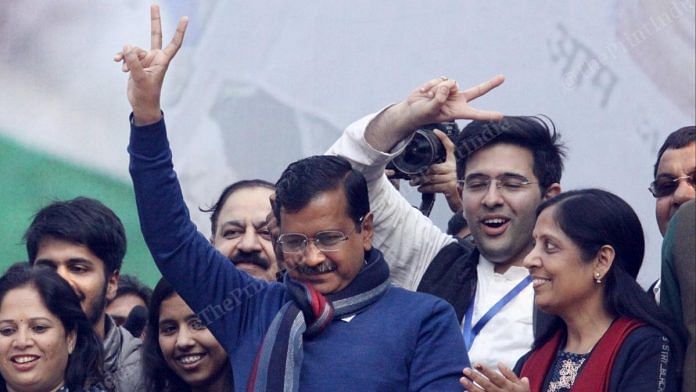 Kejriwal celebrates his party's victory in the assembly elections : Photo: Suraj Singh Bisht | ThePrint