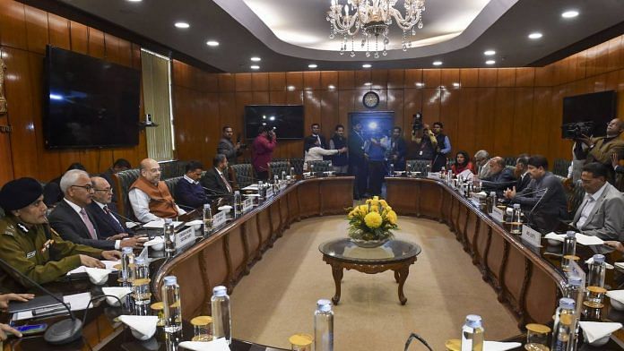 Union Home Minister Amit Shah holds a high-level meeting to discuss the prevailing situation in the national capital after violence in northeast Delhi over CAA, in New Delhi. (PTI Photo/Manvender Vashist)