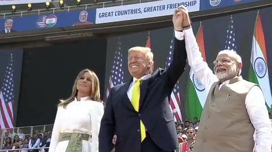 PM Narendra Modi with US President Donald Trump and First Lady Melania Trump at Motera Stadium in Ahmedabad on 24 February