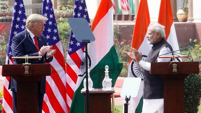 US President Donald Trump and Prime Minister Narendra Modi at the press meet at Hyderabad House on 25 February 2020 | Praveen Jain | ThePrint