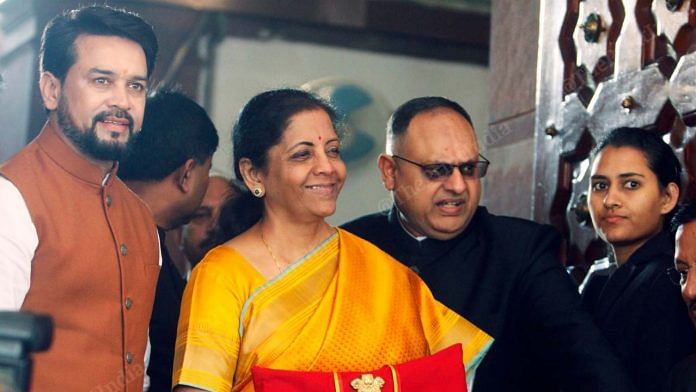 Finance Minister Nirmala Sitharaman before entering the Parliament to present the Budget on 1 February