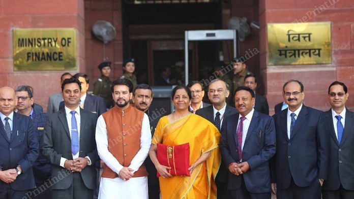 Finance Minister Nirmala Sitharaman with Union Budget 2020 documents outside the Ministry of Finance in New Delhi | Suraj Singh Bisht | ThePrint