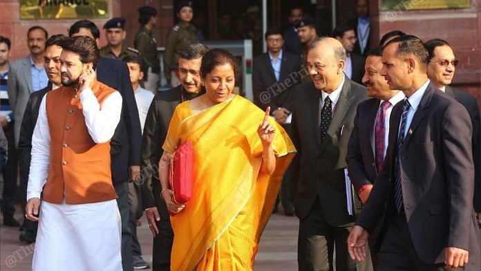 Finance Minister Nirmala Sitharaman leaves the ministry for Parliament where she will deliver her second Union Budget, on 1 February | Suraj Singh Bisht