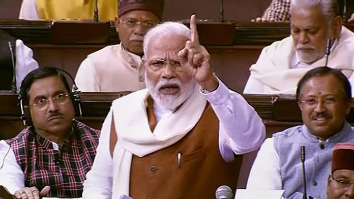 Prime Minister Narendra Modi speaks during the Motion of Thanks on the President's Address in the Rajya Sabha on 6 February
