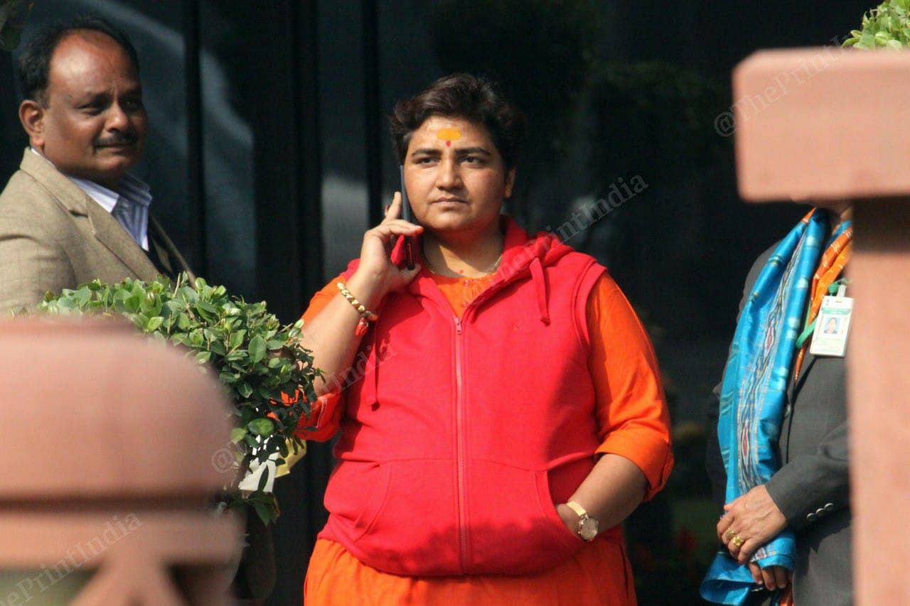 Pragya Thakur after attending the BJP parliamentary meeting in New Delhi