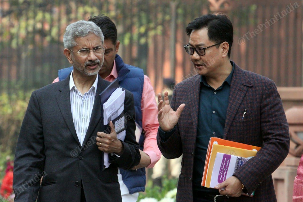 External Affairs Minister S Jaishankar and MoS for Home Affairs Kiren Rijiju on the way to the meet