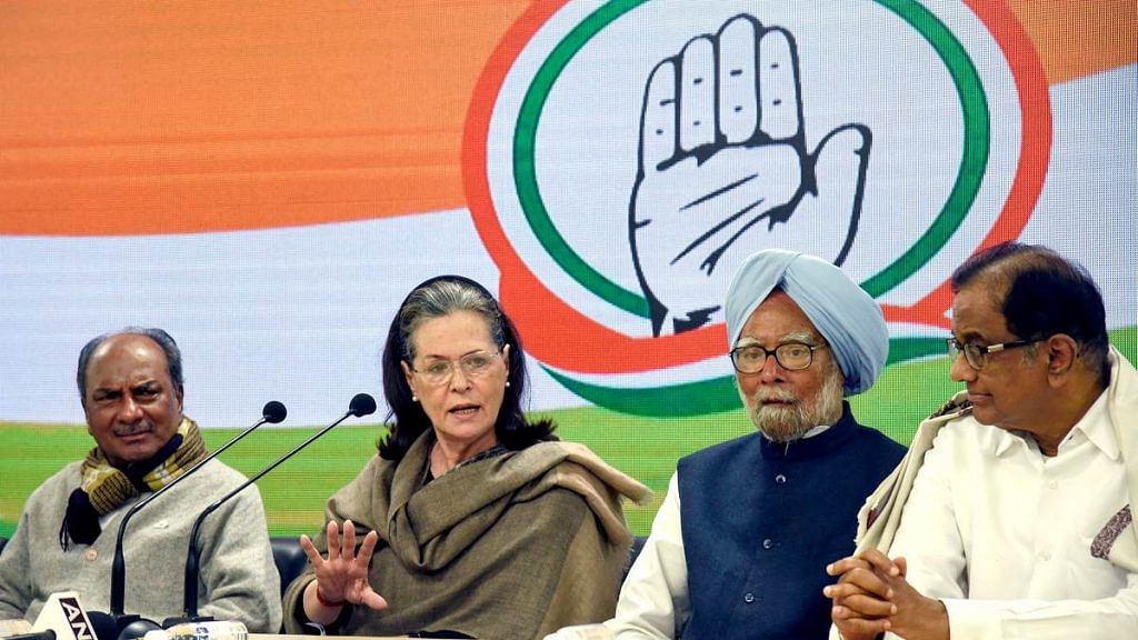 Congress interim president Sonia Gandhi addresses a press conference alongside former PM Manmohan Singh and former Union ministers A.K. Antony (left) and P. Chidambaram (right) Wednesday | Photo: ANI