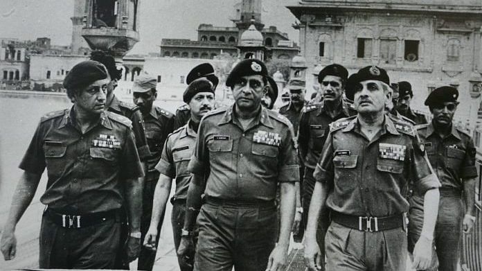 Lt General K Sundarji (centre) with General A.S. Vaidya (right) and Major General K.S. Brar (left) after Operation Bluestar | Photo by INDIA TODAY/India Today Group/Getty Images
