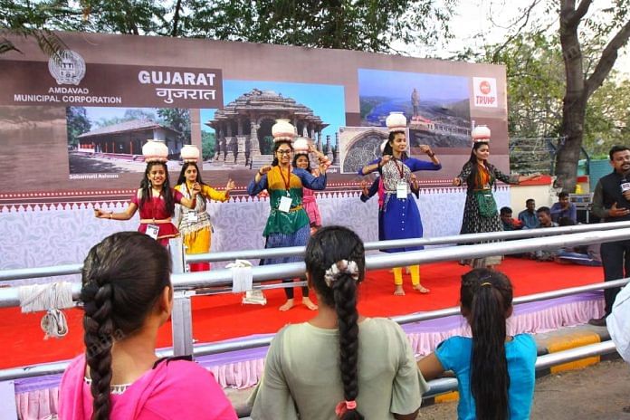 A dance troupe rehearses on the Gujarat stage erected as part of the ‘India roadshow’. | Photo: Praveen Jain | ThePrint